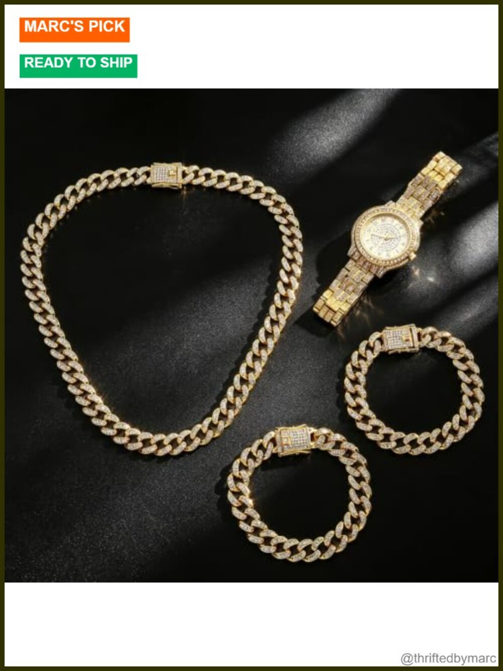 Men's 4pc Cuban Link Jewelry Set with Diamond Watch & Bracelets Stainless Steel - Picture 2 of 6